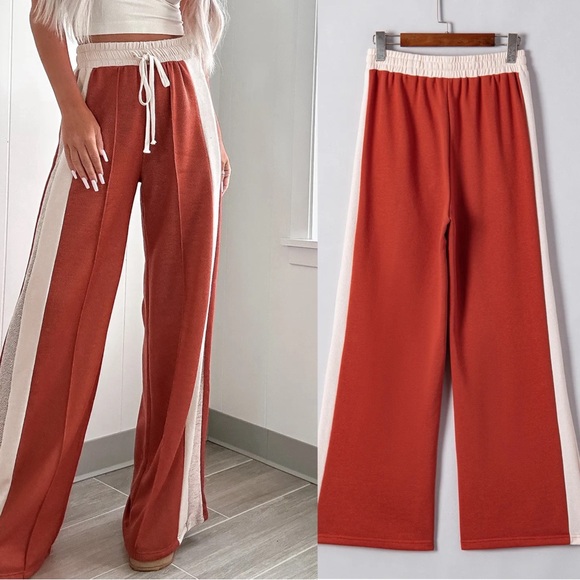 Orange red Drawstring Contrast Wide Leg Pants